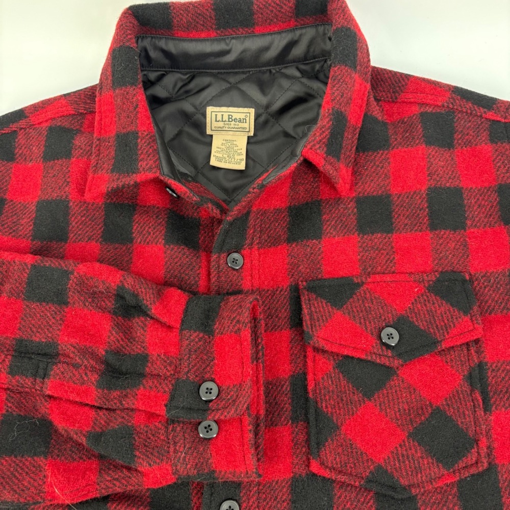LL Bean Shirt Jacket Mens L Red Black Buffalo Plaid Wool PrimaLoft Vtg 277790